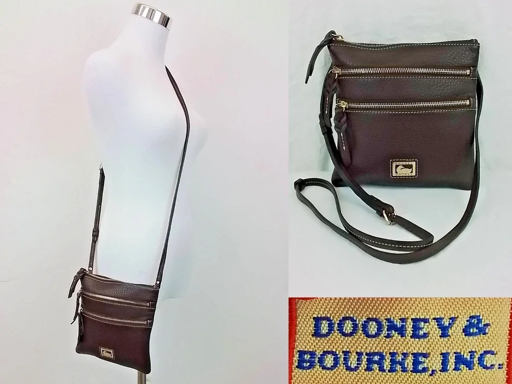Dooney & Bourke Crossbody Leather Bag Brown + Gold Triple Zip Vintage #J3584